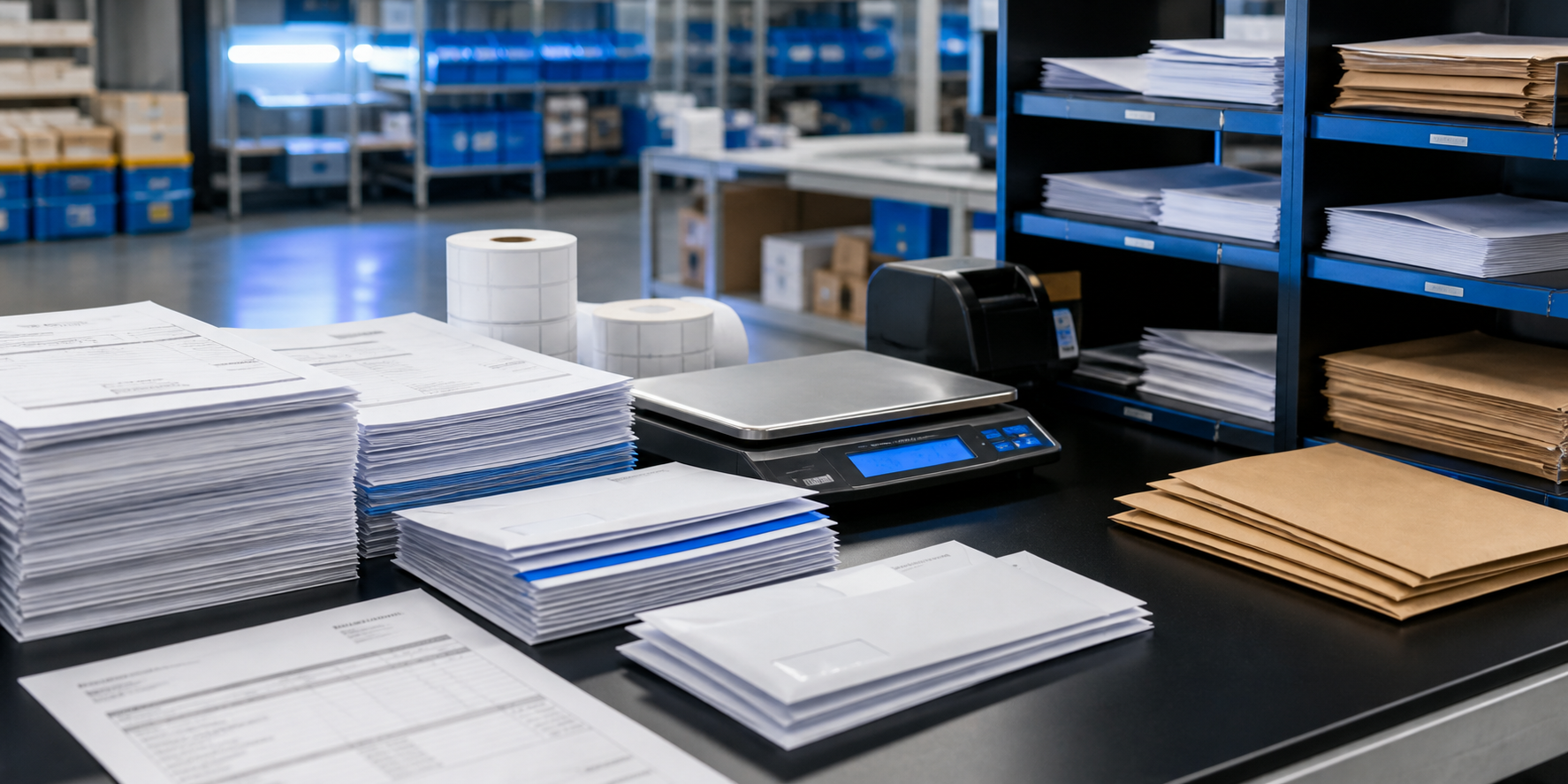 Invoices, envelopes, labels, and a scale on a mailroom workbench